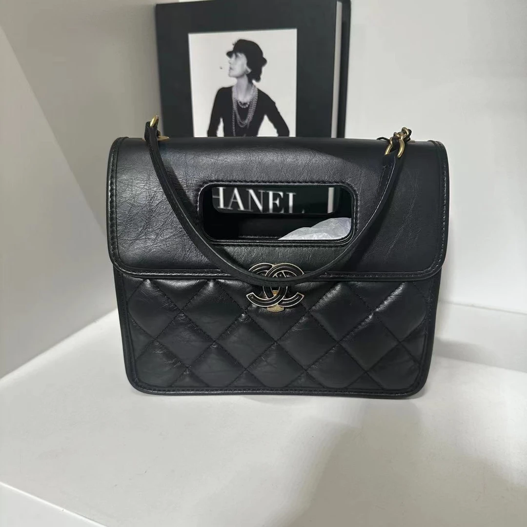 99新 Chanel/香奈儿 HIHI精选/黑金皮logo手提单肩包