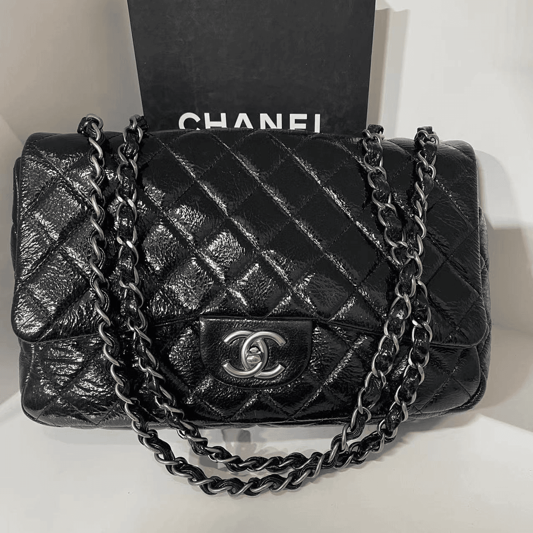 99新  HIHI精选/Chanel 黑银油蜡皮CF口盖包