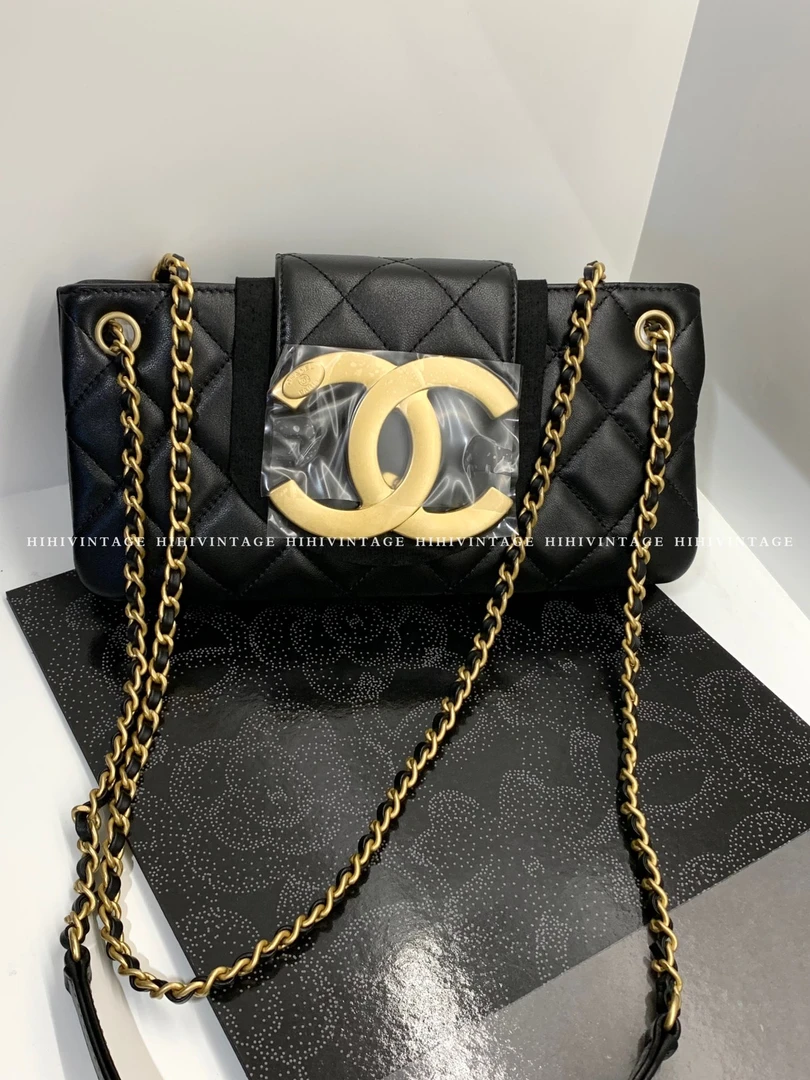 全新未使用 Chanel/香奈儿 HIHI/24C黑金菱格纹大logo法棍链条包