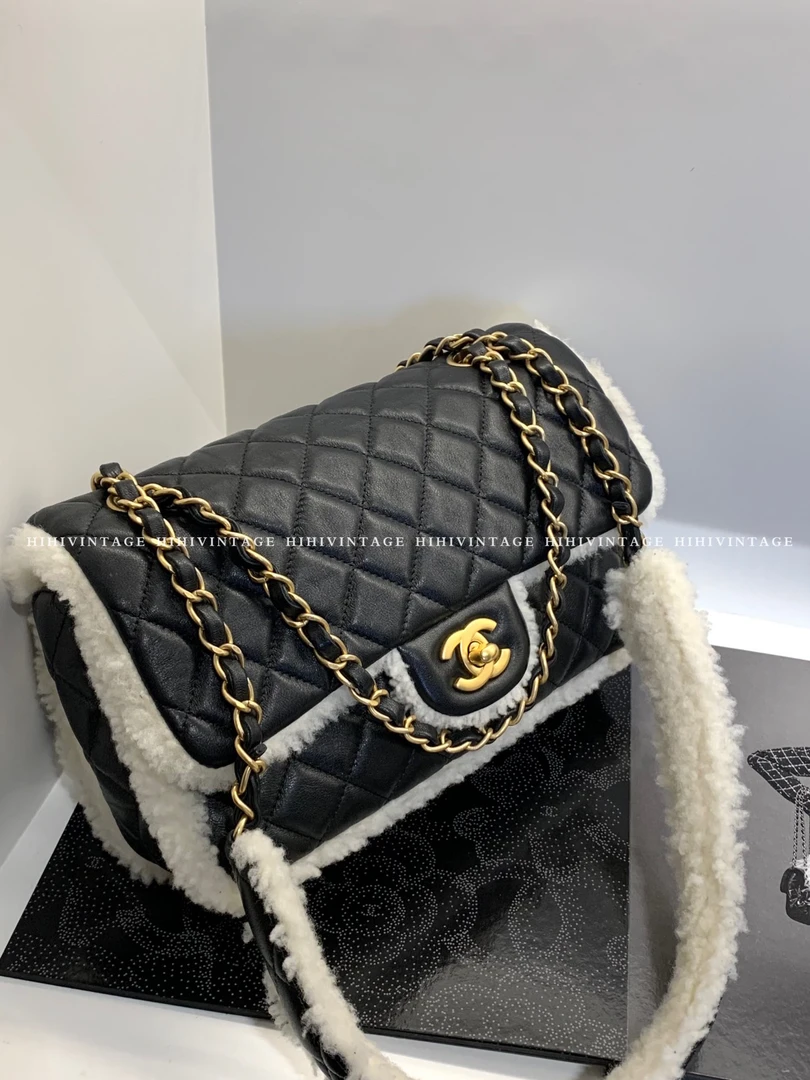 99新 Chanel/香奈儿 HIHi/Chanel 21A 黑金羊皮拼羊羔毛CF链条包