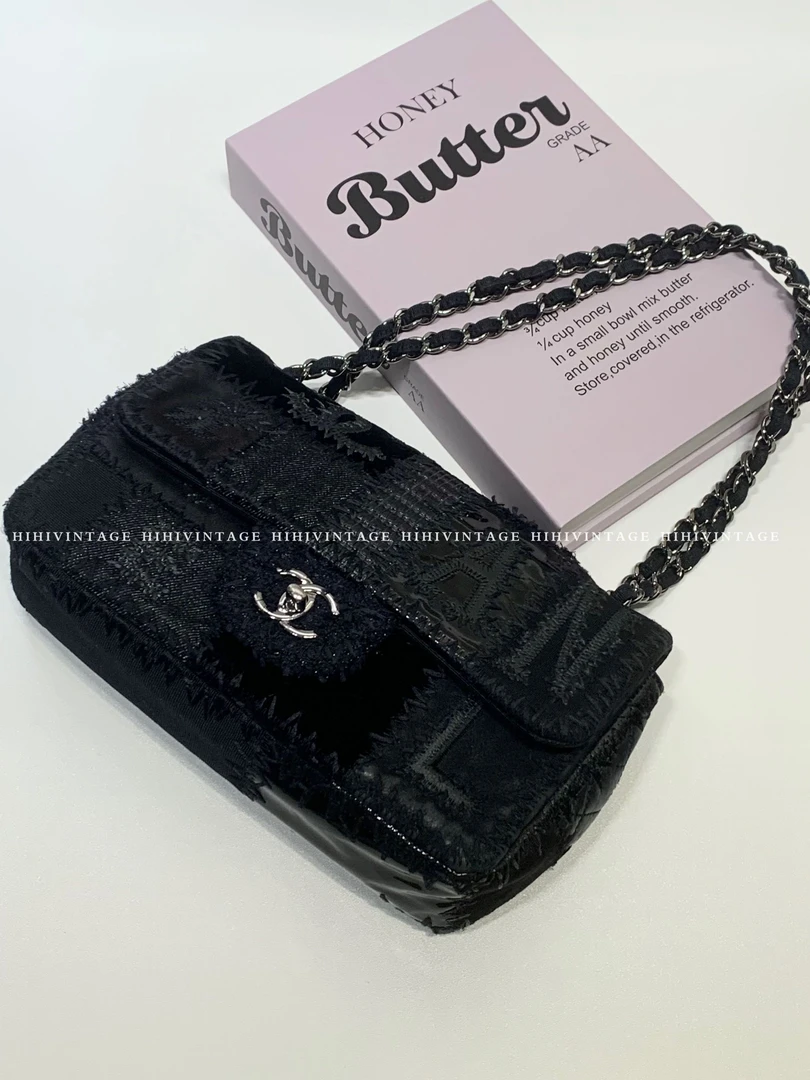 95新 Chanel/香奈儿 黑银拼接补丁CF中号链条包25开8453642JL