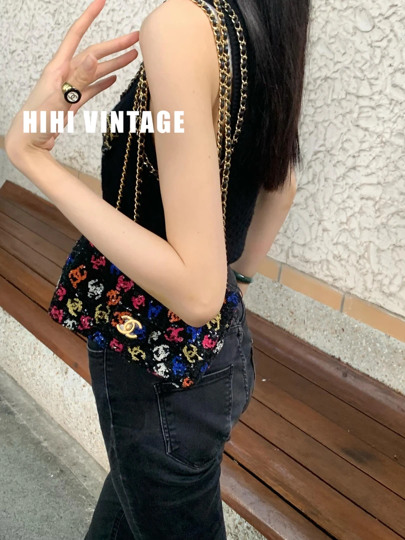 全新未使用 Chanel/香奈儿 HIHI/24S 黑金多彩亮片logoCF大mini