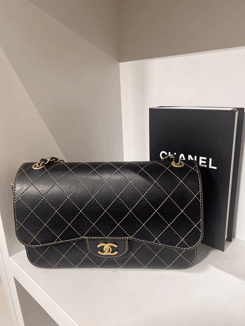 95新 Chanel/香奈儿 HIHI精选/黑金菱格纹外缝线Jumbo单肩包 24开