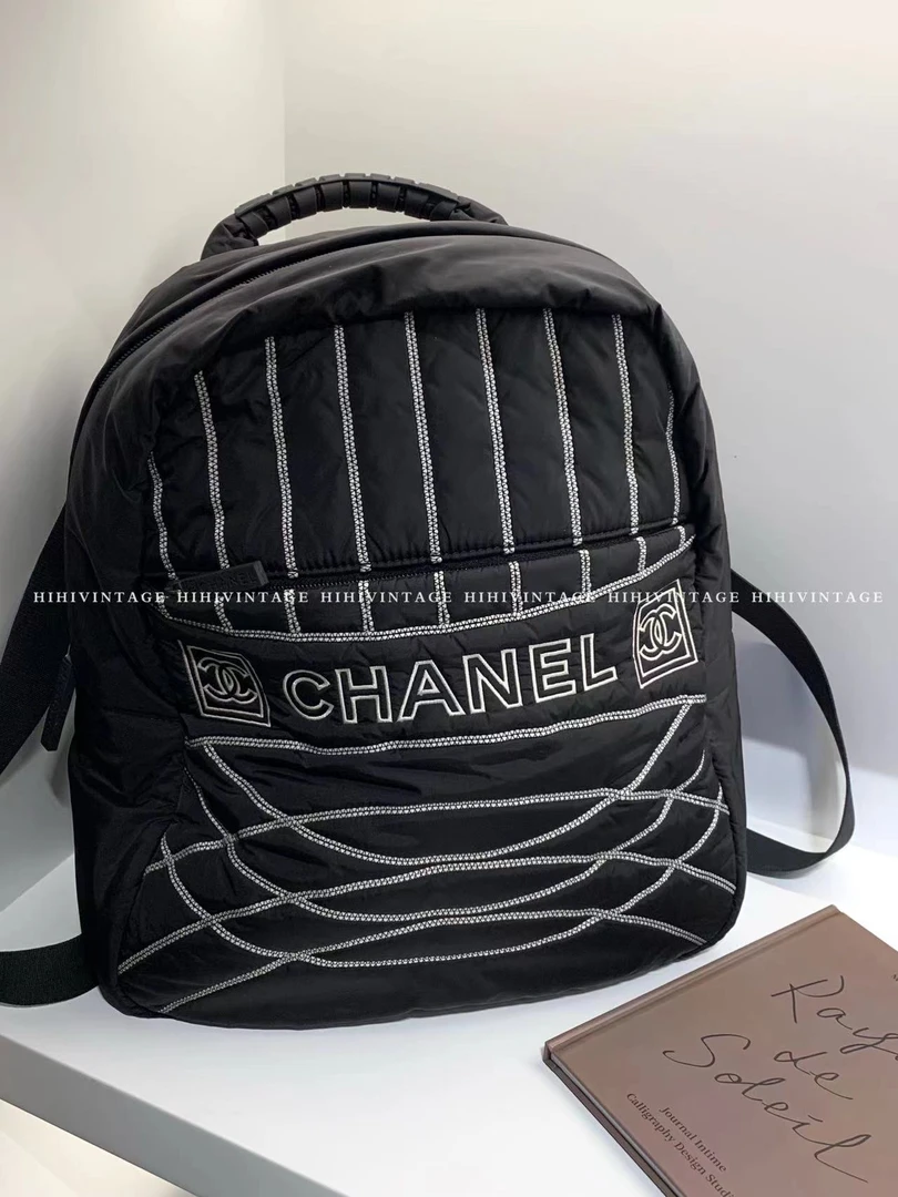 95新 Chanel/香奈儿 HIHI/黑色尼龙方标双肩包/6435048/一店