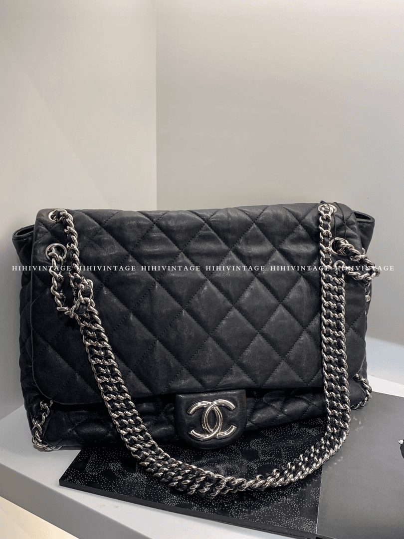 95新 Chanel/香奈儿 HIHI/Chanel 黑银滚边机场包
