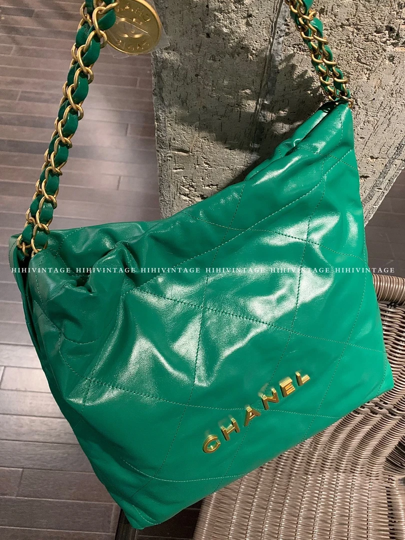 99新 Chanel/香奈儿 HIHI精选/Chanel 绿色金扣小号22bag 芯片款