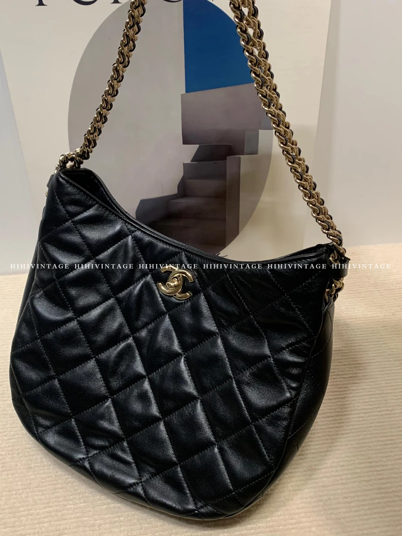 99新 Chanel/香奈儿 HIHI/Chanel黑金皮穿链hobo单肩包11657378