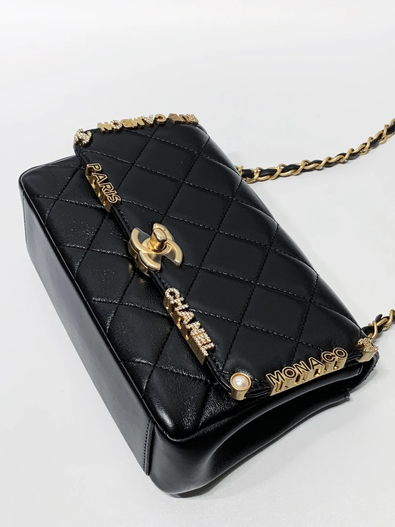 99新 Chanel/香奈儿 HIHI/黑金镶钻珐琅字母珍珠链条包/9544072