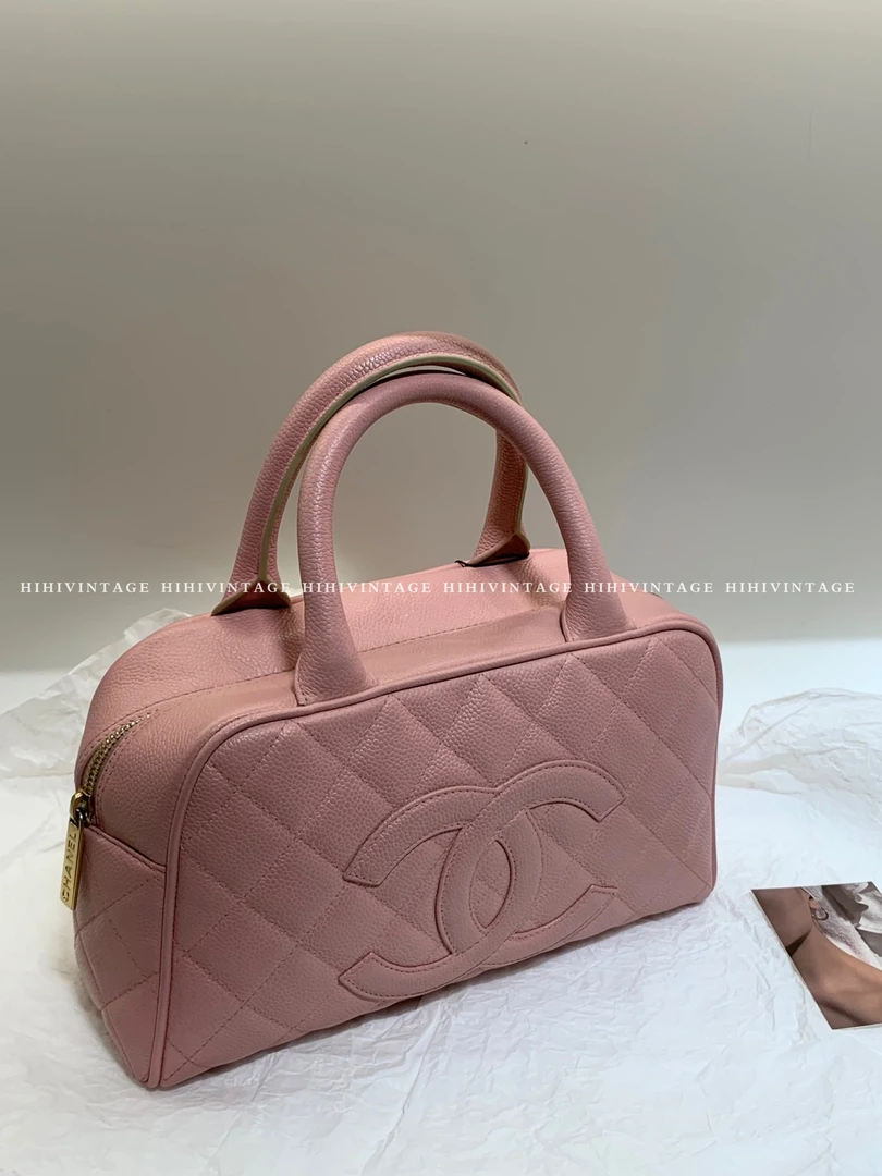 95新 Chanel/香奈儿 HIHI /粉色荔枝纹小号保龄球手提包8开
