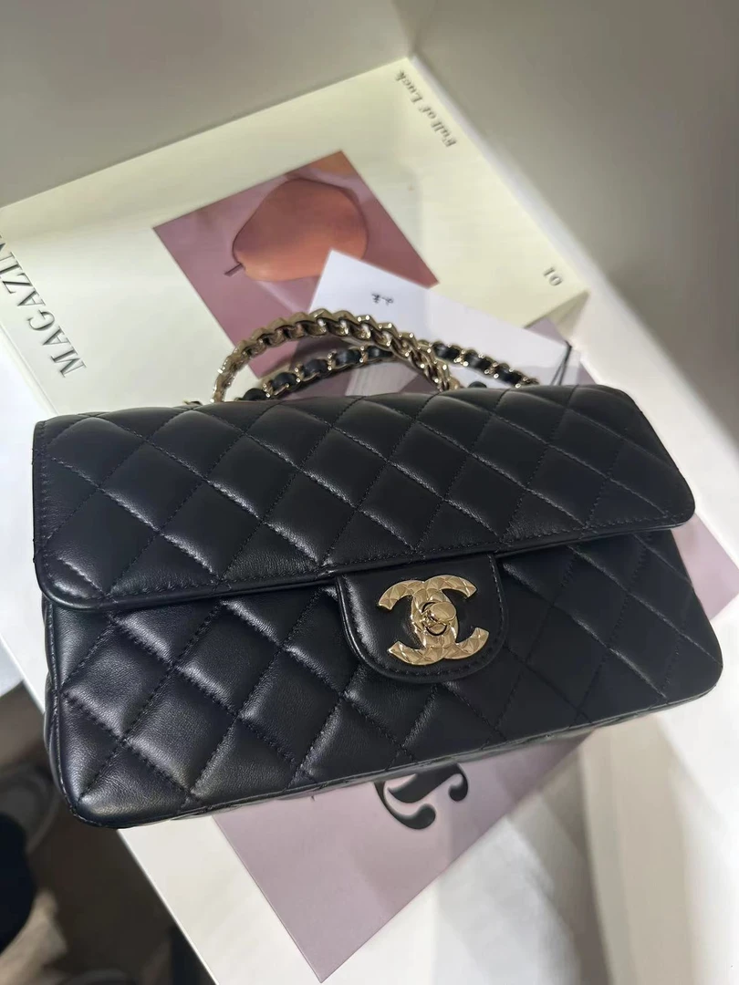 99新 Chanel/香奈儿 HIHI/黑金镶钻手柄单肩口盖包 芯片款