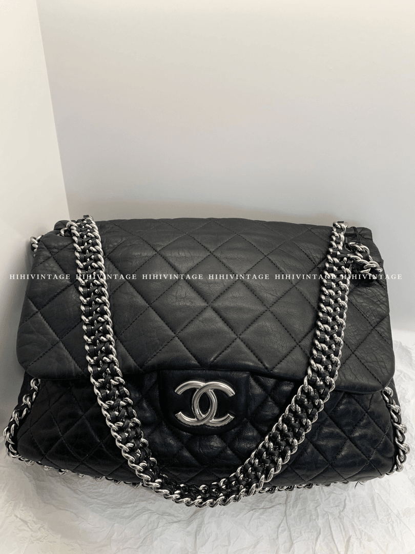 99新 Chanel/香奈儿 HIHI/Chanel 黑银滚边机场包 14开8317377