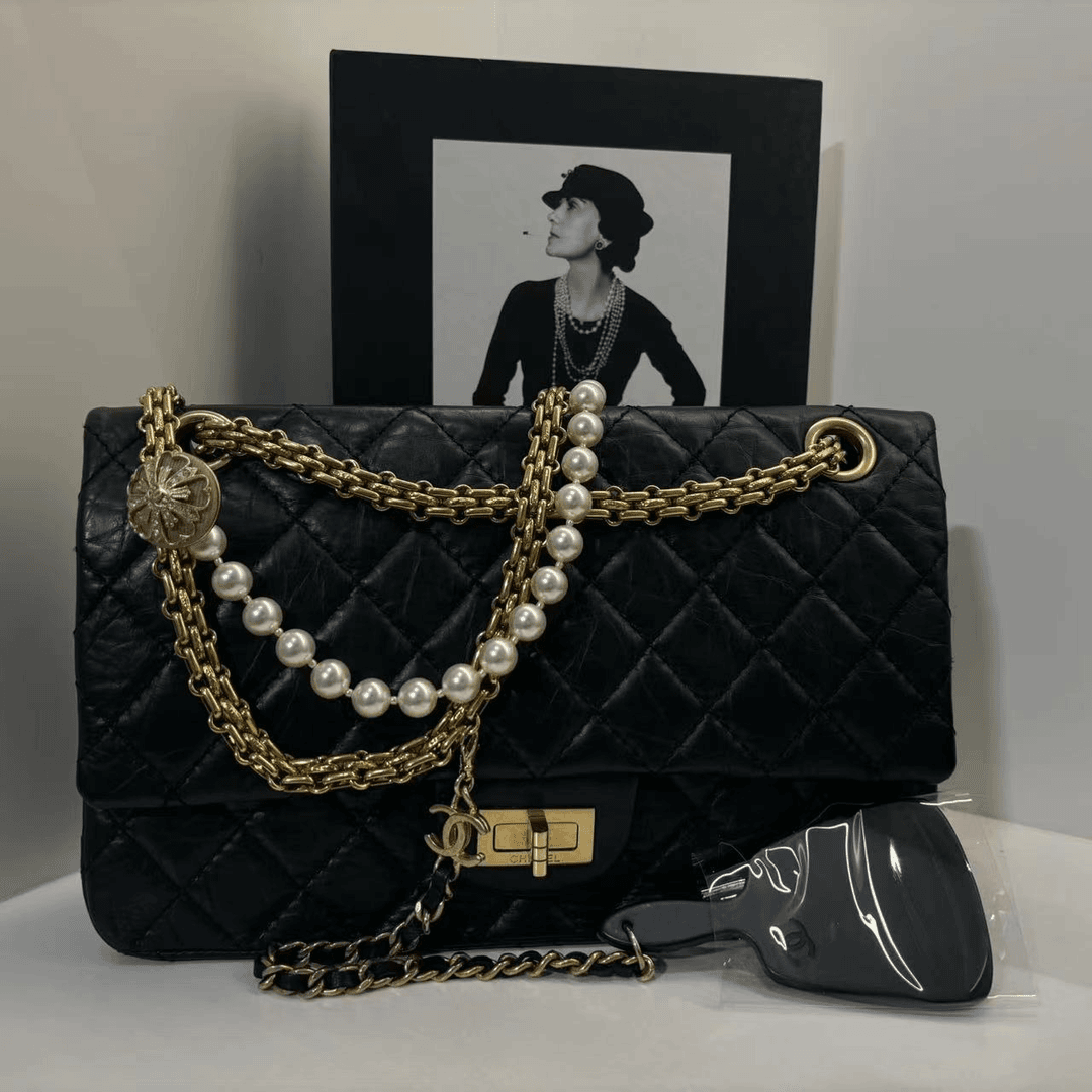 99新 Chanel/香奈儿 HIHI /CHANEL 黑金2.55珍珠镜子挂件单肩包