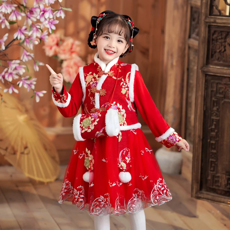 汉服女童2025新款冬季古装拜年服加绒加厚儿童唐装秋冬古风连衣裙