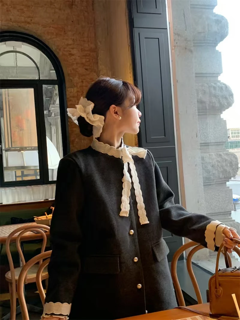 新款高级感百搭法式赫本风蝴蝶结设计夹棉加厚连衣裙毛呢大衣