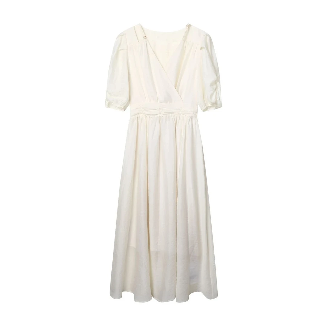 0039天丝仙女裙中长款2024夏款法式甜美温柔风泡泡袖连衣裙A字裙