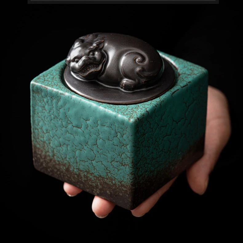 粗陶醒茶创意陶瓷摆件空罐子家用茶叶密封罐松石绿狮子貔貅茶叶罐
