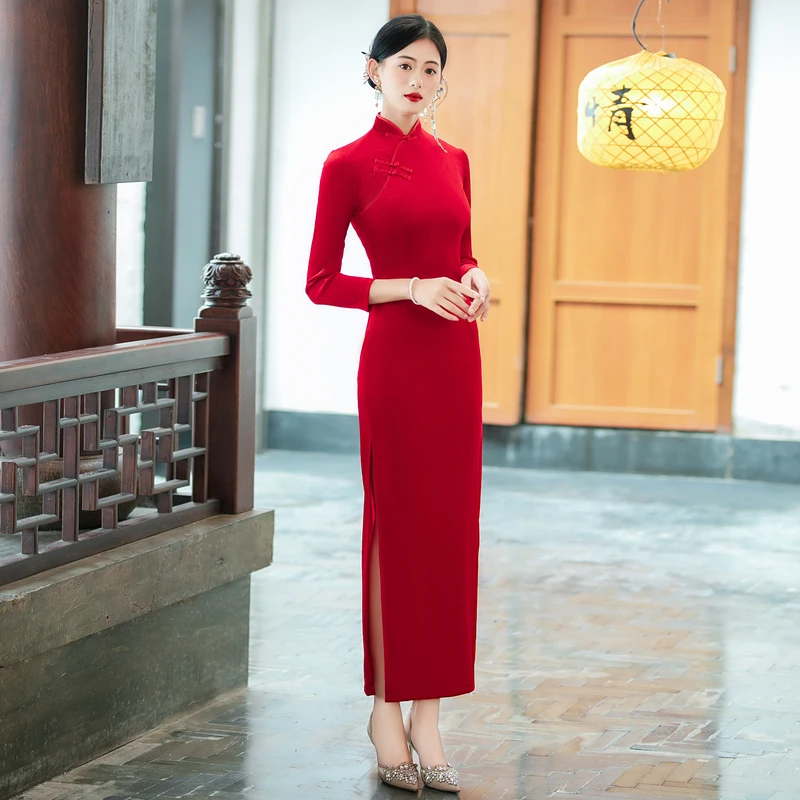 日常少女时尚年会舞台走秀改良连衣裙中国风回娘家年轻款长袖旗袍