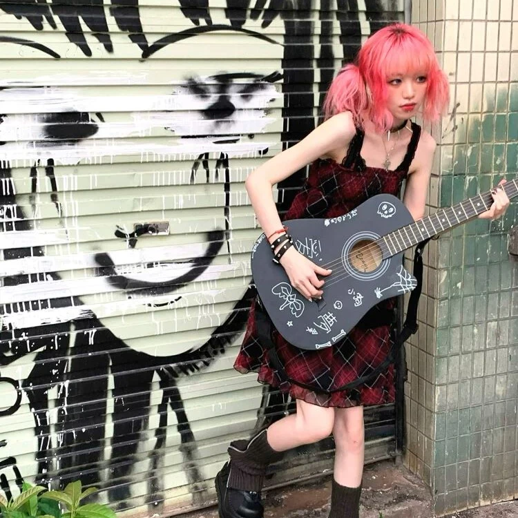 春日野too |自制朋克红格稚感吊带裙早古原宿绑带连衣裙 吉他少女