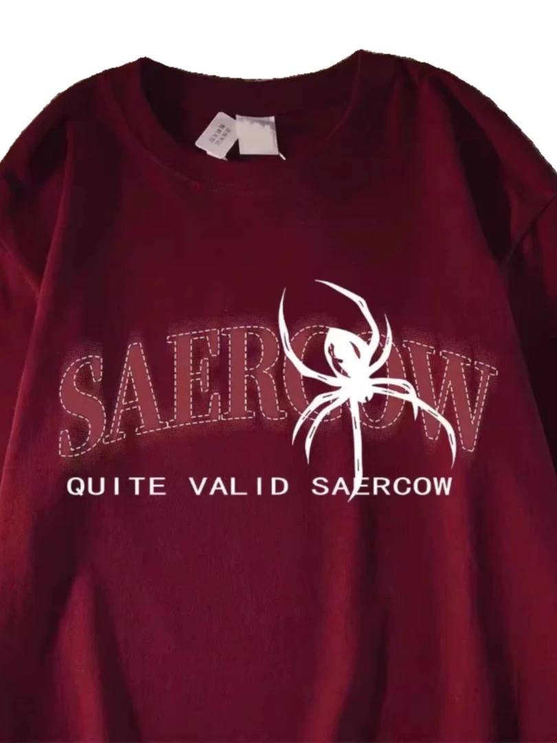 小众300斤红色重磅短袖t恤男女休闲半袖暗黑蜘蛛涂鸦美式大码宽松