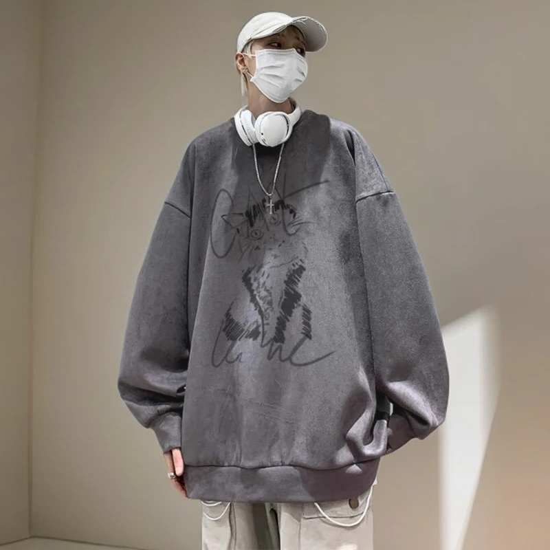 潮流百搭300斤加大码美式宽松hiphop潮牌仿麂皮绒春秋卫衣硬汉