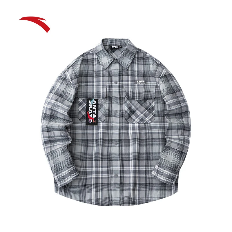 安踏长袖纯棉衬衫男秋季新款翻领格子衫潮流百搭上衣152418104