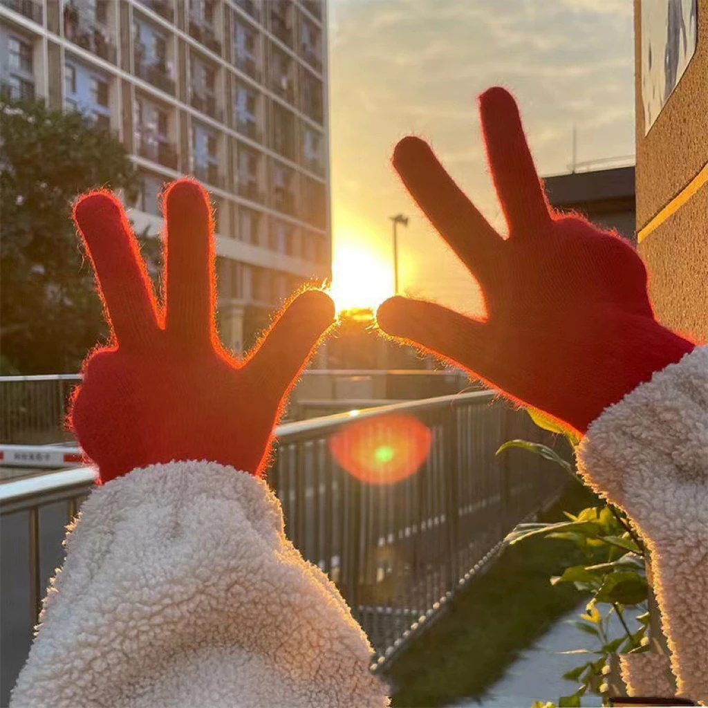 【触屏手套】兔毛毛混纺五指可触屏纯色冬季保暖手套网红学生女士