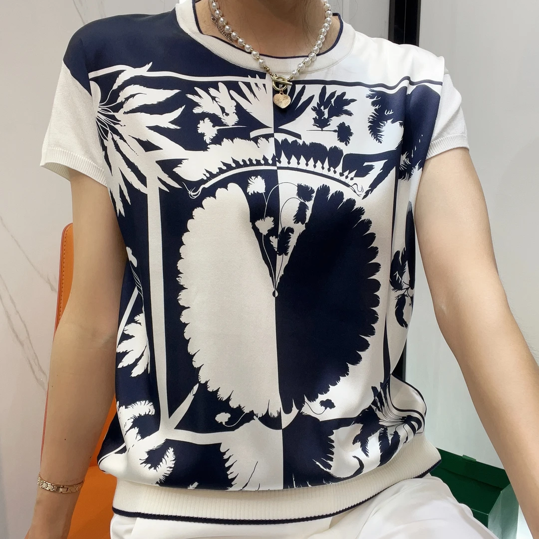 BELISH/碧丽偲21482双面桑蚕丝时尚印花圆领气质百搭显瘦女士蓝色