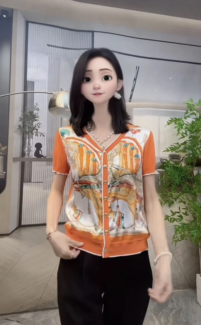 BELISH/碧丽偲SS24115桑蚕丝拼印花时尚百搭休闲V领橘色上衣气质