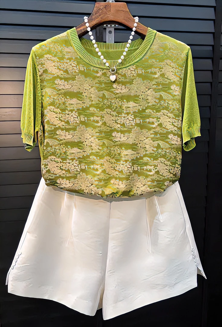 D绿色提花缎面优雅时尚短袖圆领百搭T恤SS24024显瘦