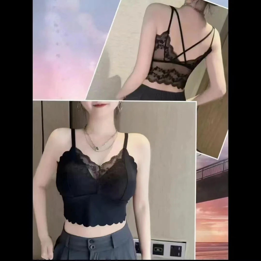 法式蕾丝吊带美背性感无痕无钢圈内衣聚拢舒适透气固定一体杯背心