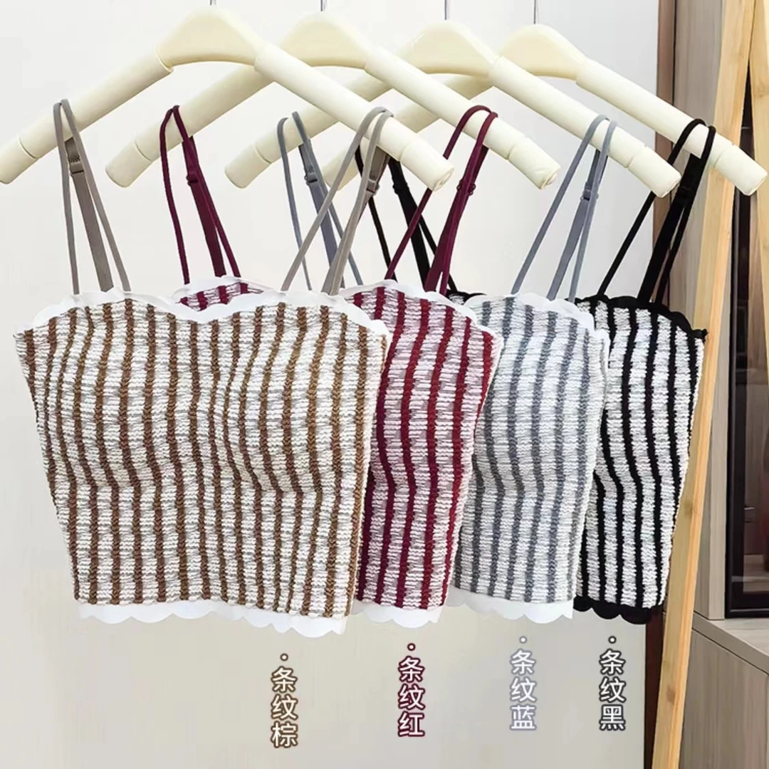 新款条纹美背522女背心打底短款抹胸聚拢网红时尚百搭显瘦可外穿