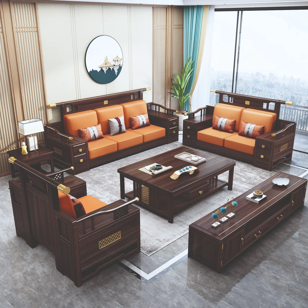 新中式乌金木实木沙发家用别墅大小户型冬夏两用储物高箱成套家具
