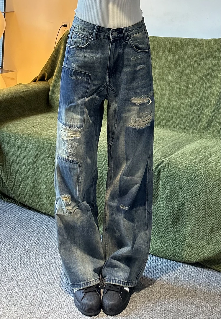 小土豆乞丐脏旧蓝牛仔裤美式复古潮牌男水洗做旧直筒宽松阔腿女潮
