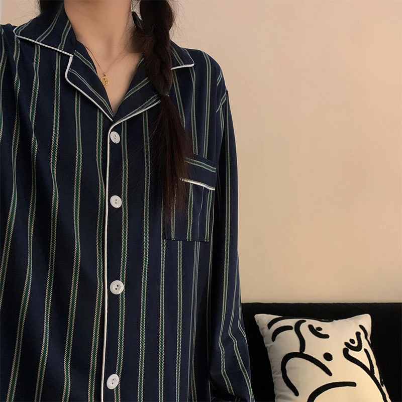 韩版ins睡衣女春秋季外穿长袖同款条纹情侣男款家居服休闲风套装