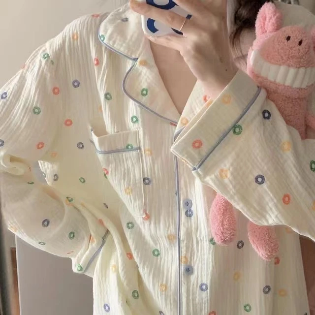 女士简约纯色圆点睡衣长袖两件套装小翻领ins风休闲可外穿家居服