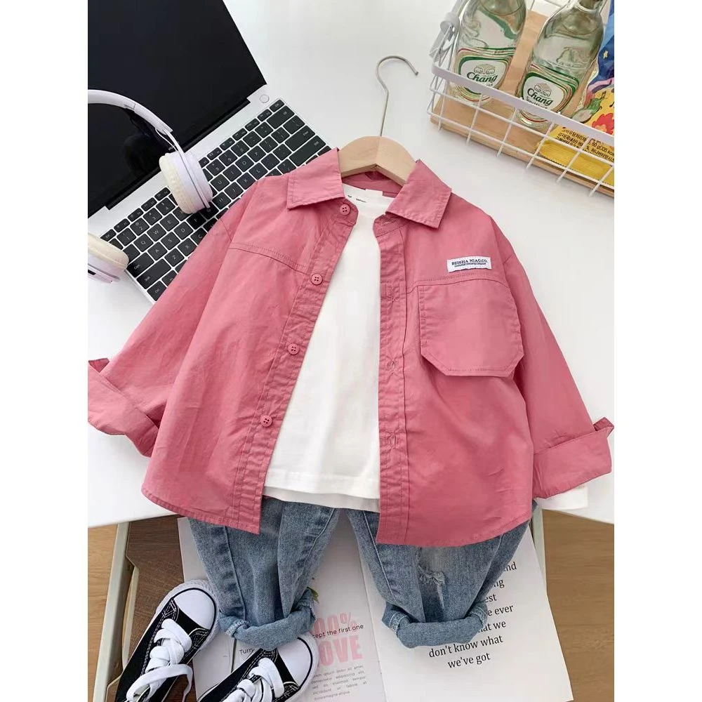 2024秋装新款儿童韩国中性纯色开衫男童长袖衬衫洋气女童衬衣