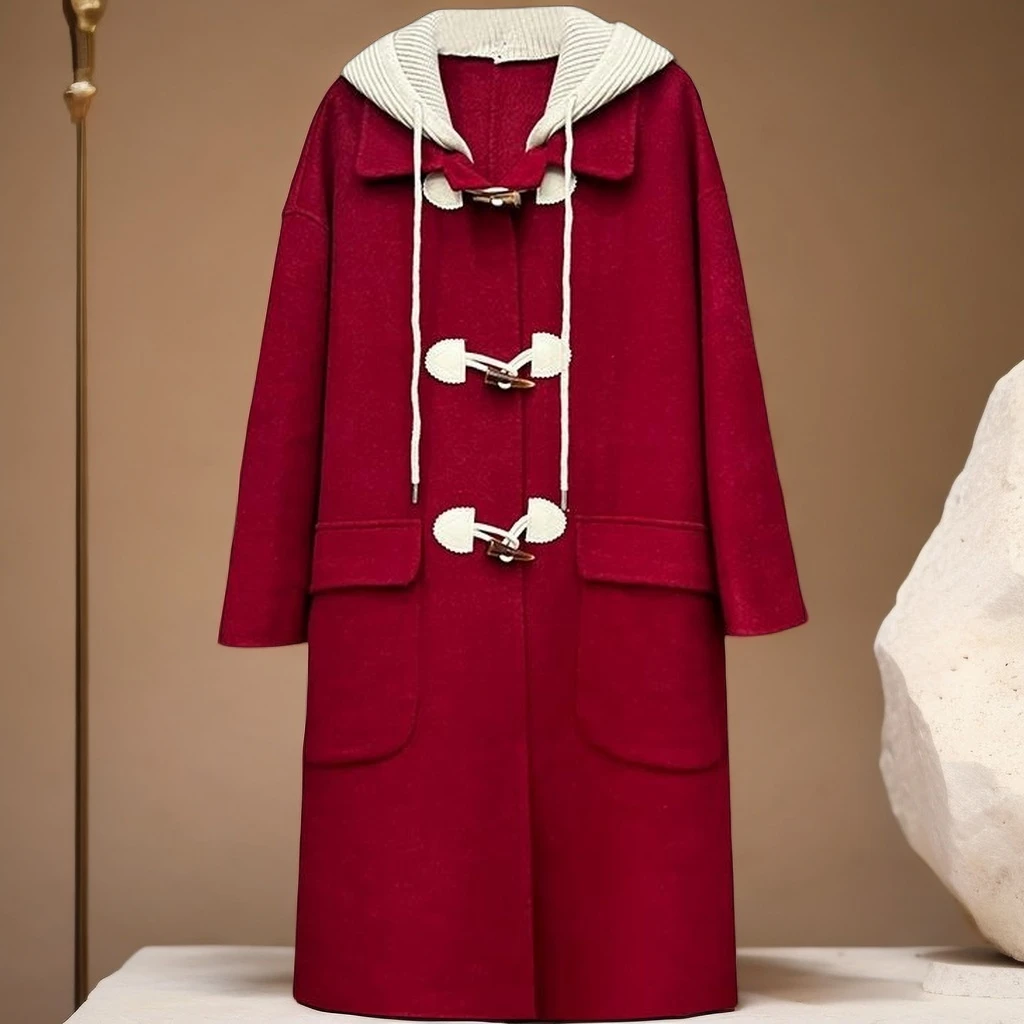 经典韩版百搭外套牛角扣中长款双面绵羊毛大衣秋冬时尚红色连帽