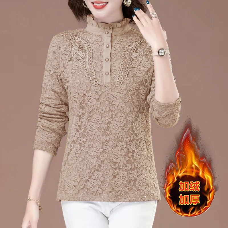 秋冬加绒加厚新款时尚蕾丝衫女修身长袖大码上衣衬衫保暖打底衫女