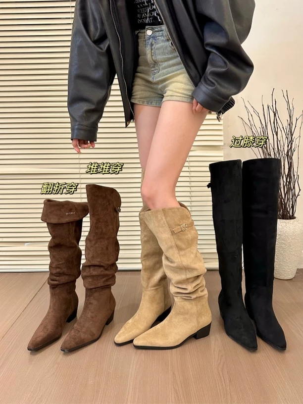 titing绝绝四穿！气质尖头绒面粗跟堆堆靴女秋冬可调节显瘦过膝靴