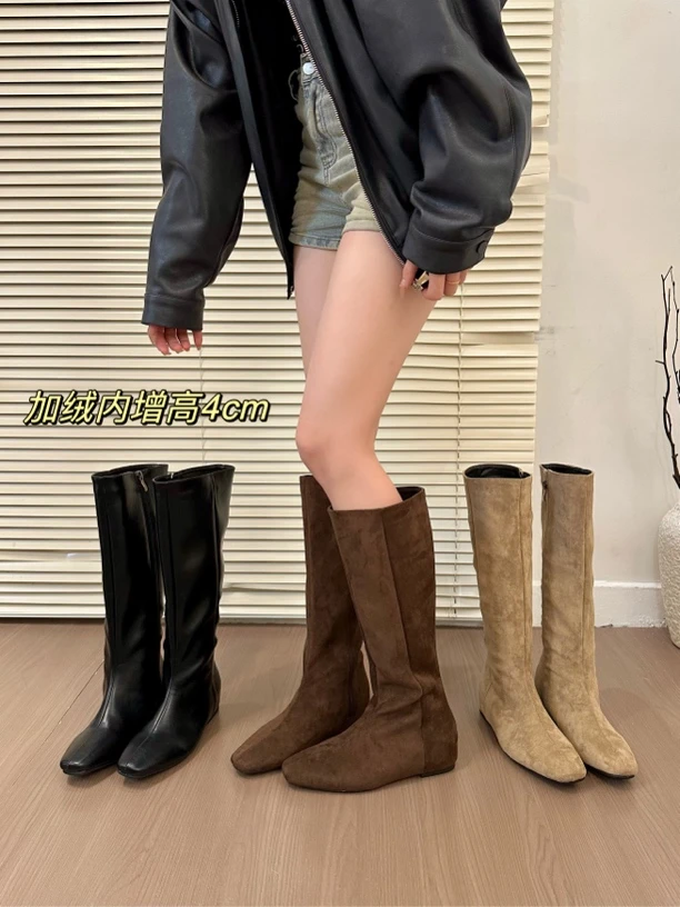 titing古董少女！气质方头绒面内增高直筒靴女冬季加绒显瘦长筒靴
