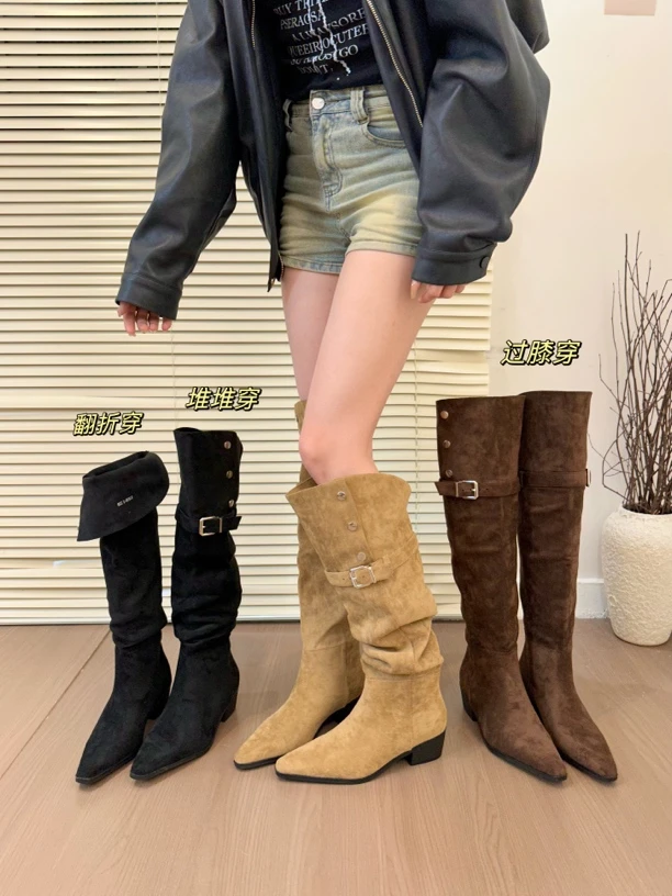 titing黑曜千金！复古绒面皮带扣四穿堆堆靴女秋冬百搭通勤过膝靴