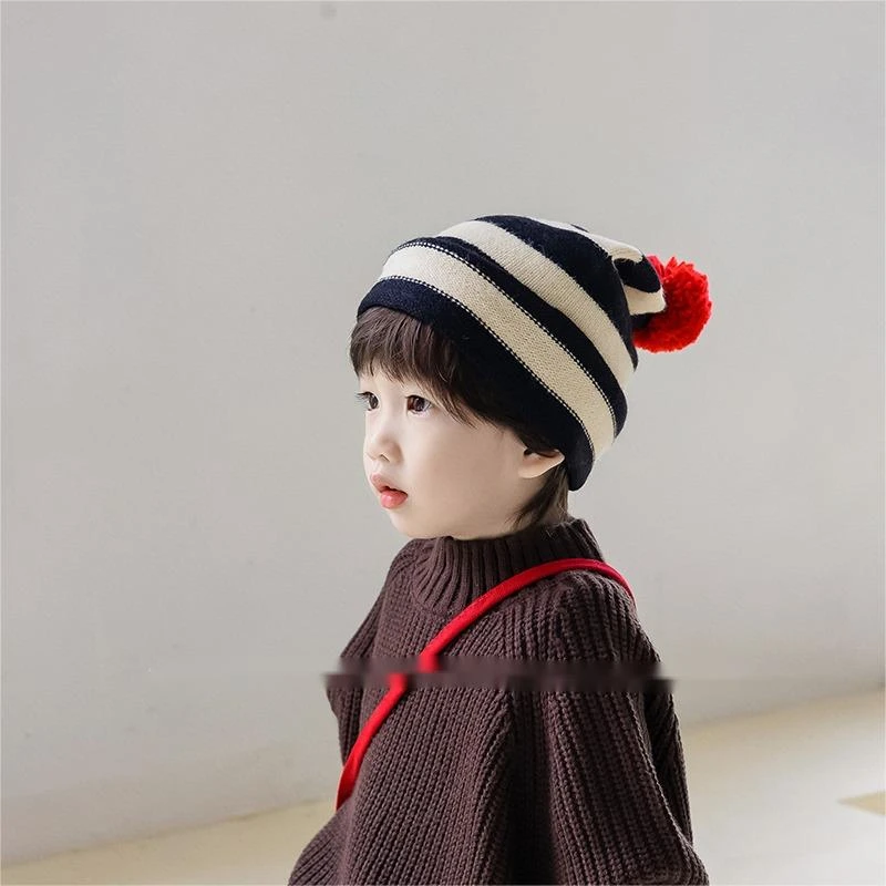 儿童帽子男孩秋冬款男童宝宝毛线帽2023女童条纹针织帽可爱秋款潮