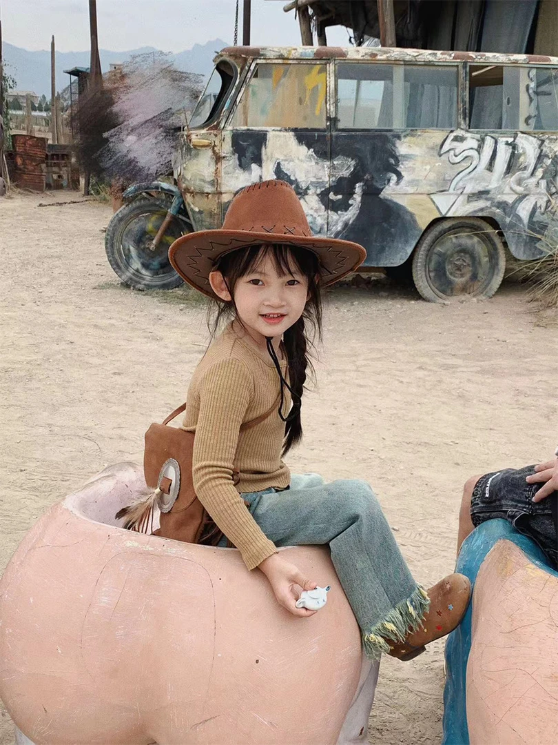 儿童西部牛仔帽女童新疆宁夏度假出游复古欧美大檐沙滩海边太阳帽
