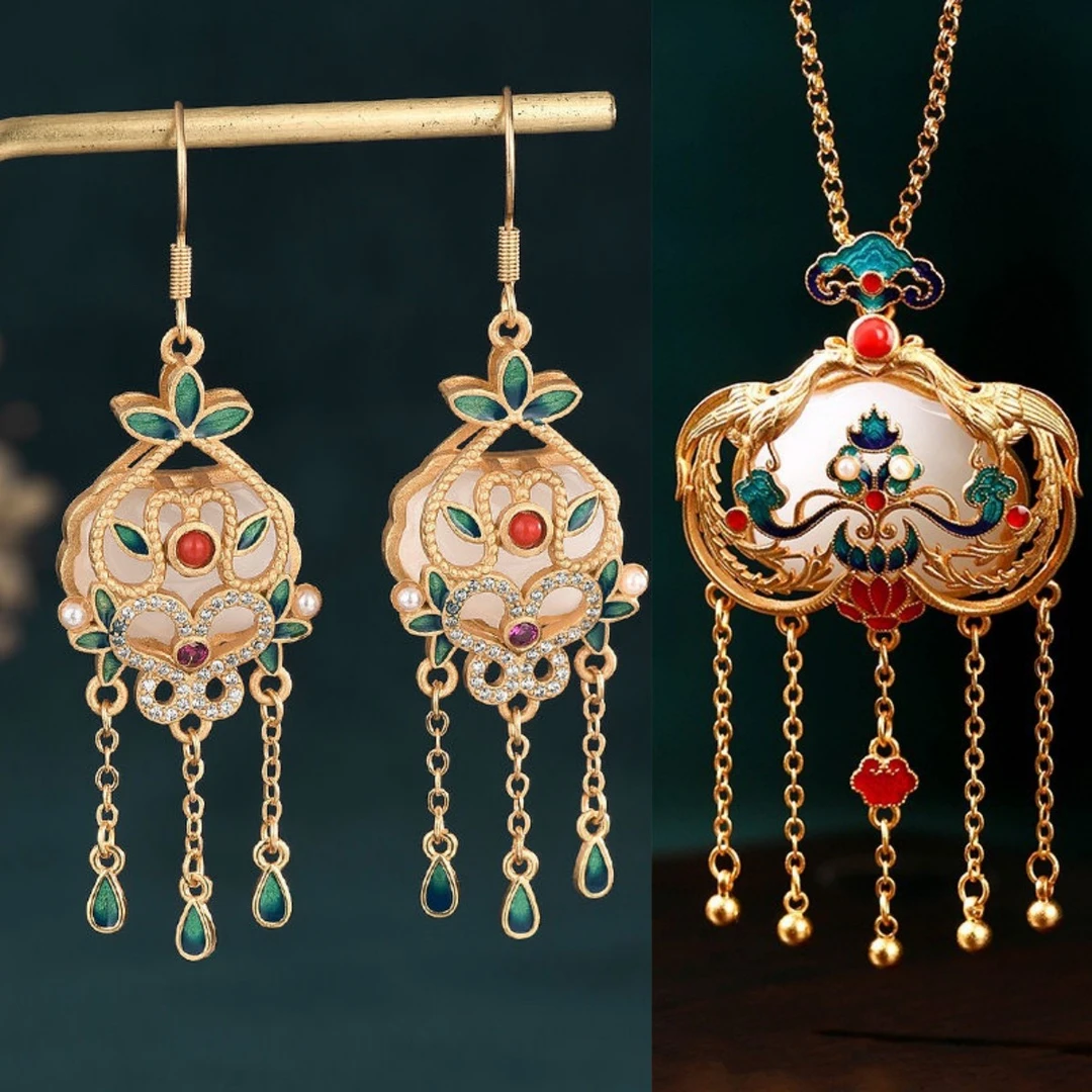 盛铃兰 925银耳饰 宫廷复古民族风珐琅工艺镶嵌流苏耳环柳娇花媚