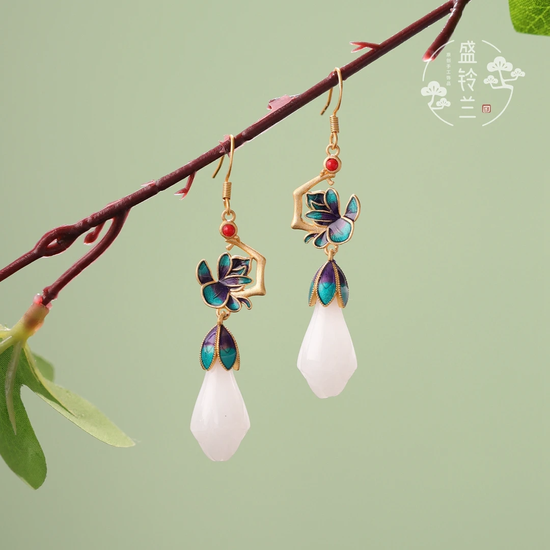 盛铃兰 925银耳饰 东方古典珐琅耳环女中式古风玉兰花仿玉石耳坠