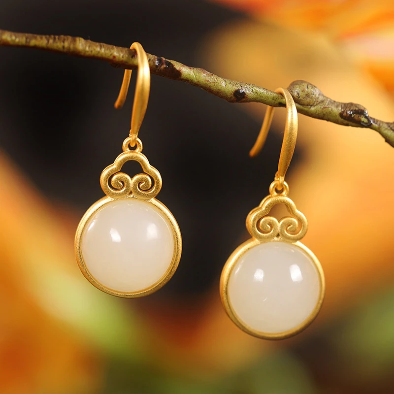 盛铃兰 925银耳饰 【重工款】蛋面祥云耳环镀金银镶嵌耳钩简约气质