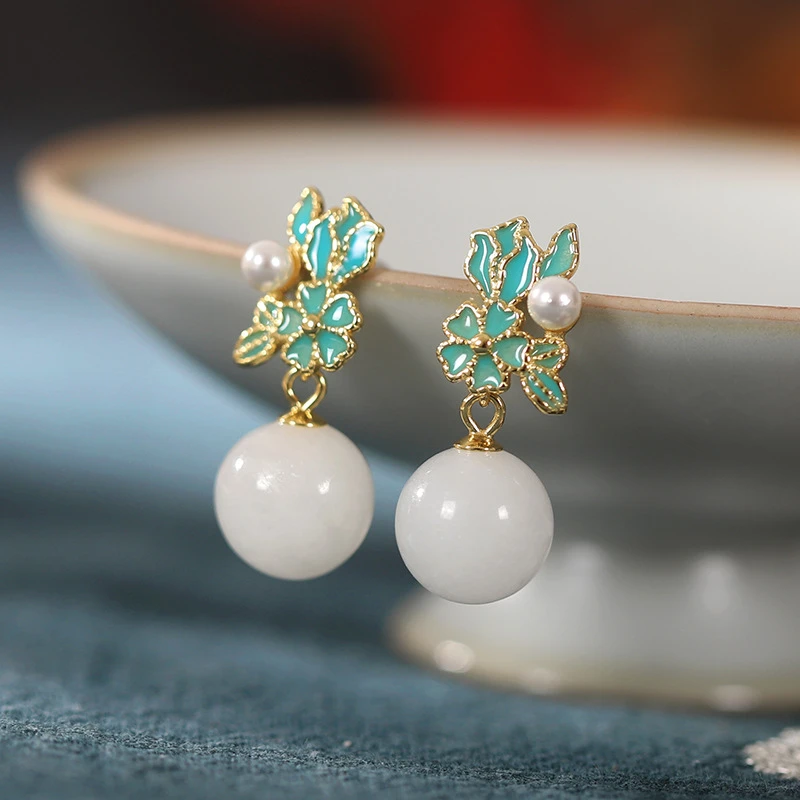 【重工】和田玉纯银耳饰烧蓝圆珠耳钉耳坠点翠工艺鎏金宫廷风耳环