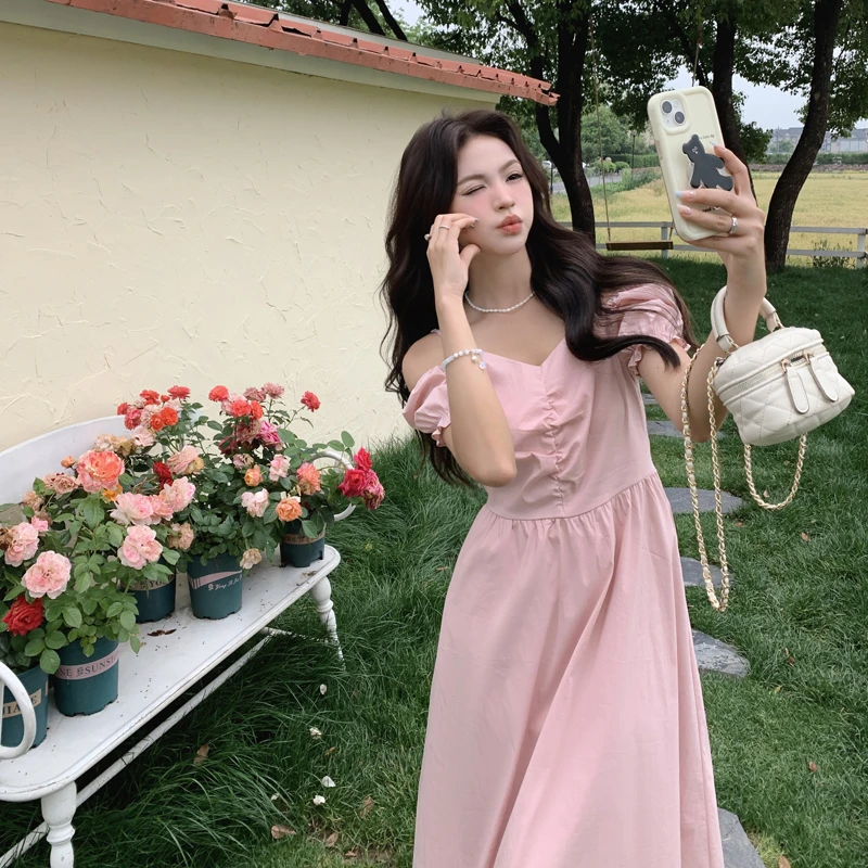 【档口现货】2024新款夏装粉色一字肩连衣裙266-p125