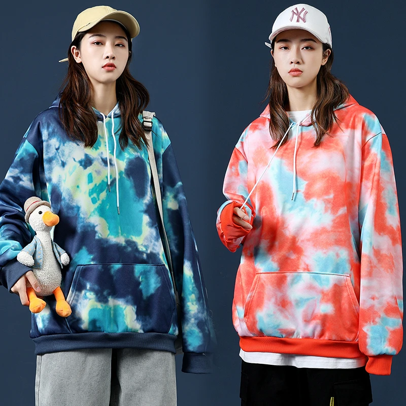 W508情侣休闲连帽彩色扎染卫衣外套男女学生连帽衫班服跨境潮