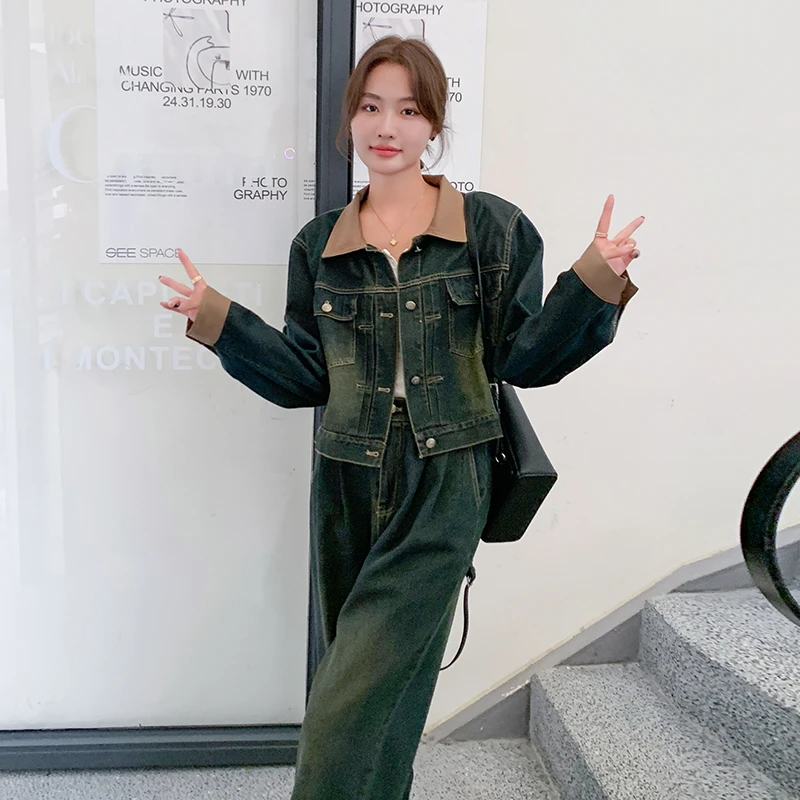 时尚套装大货已出：春装新款复古色牛仔阔腿裤两件套装2C135